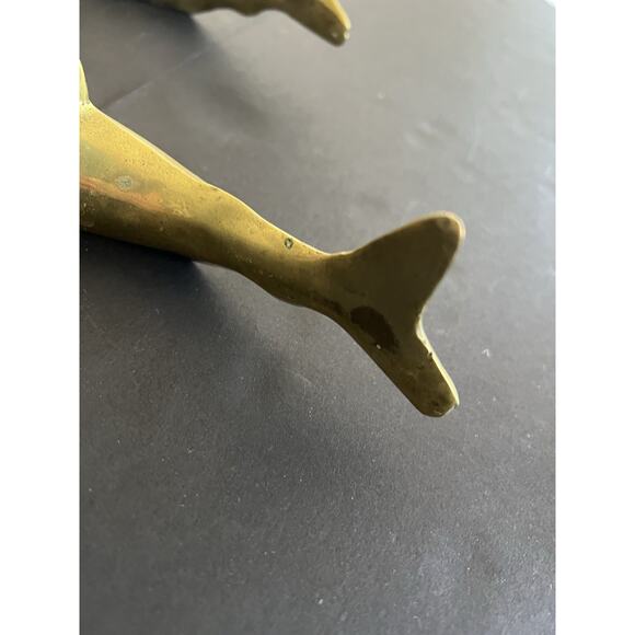 Vtg Mid Century Solid Brass Set 2 Sharks Paperweight Nautical Coastal Approx 8” - Picture 8 of 14